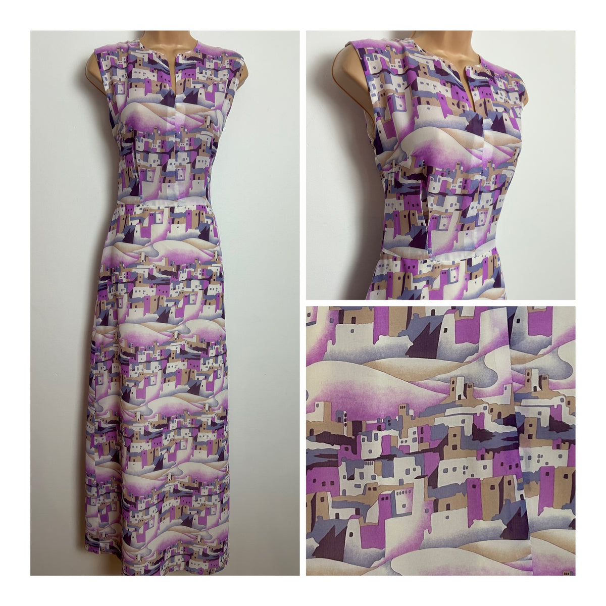 Vintage 1970s Size 8 White Pink & Violet Stylised Greek Village Print Chiffon Maxi Dress