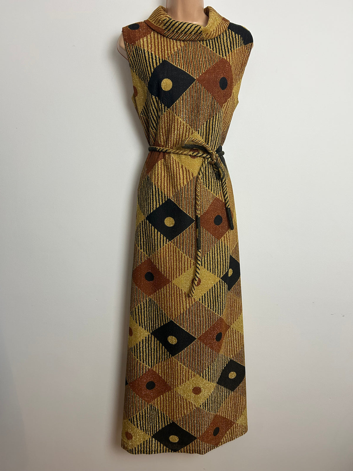 Vintage 1970s MANDELL COUTURE Size 12 Gold Bronze & Black Lurex Stripe & Diamond Print Long Sleeve Belted Occasion Maxi Dress