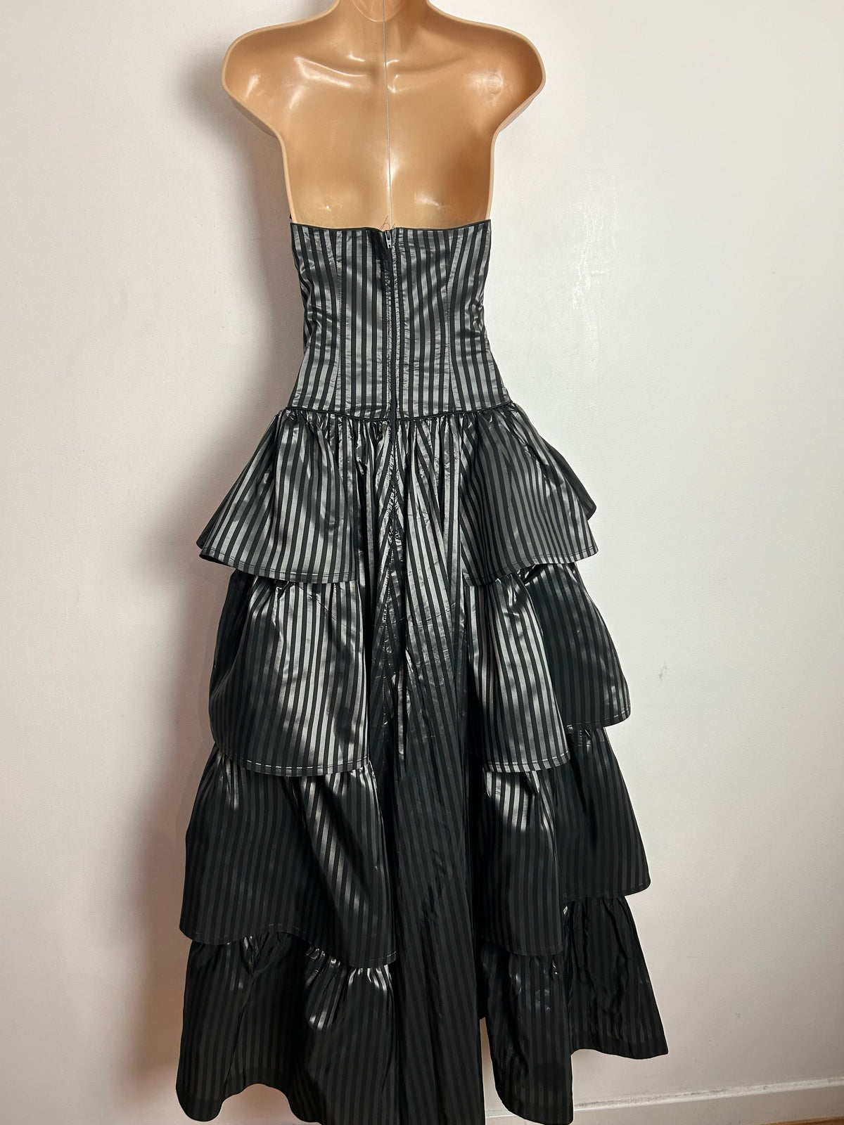 Vintage 80s LAURA ASHLEY UK Size 6-8 (Size 10 On Label) Strapless Black & Dark Silver Stripe Tiered Full Length Ballgown
