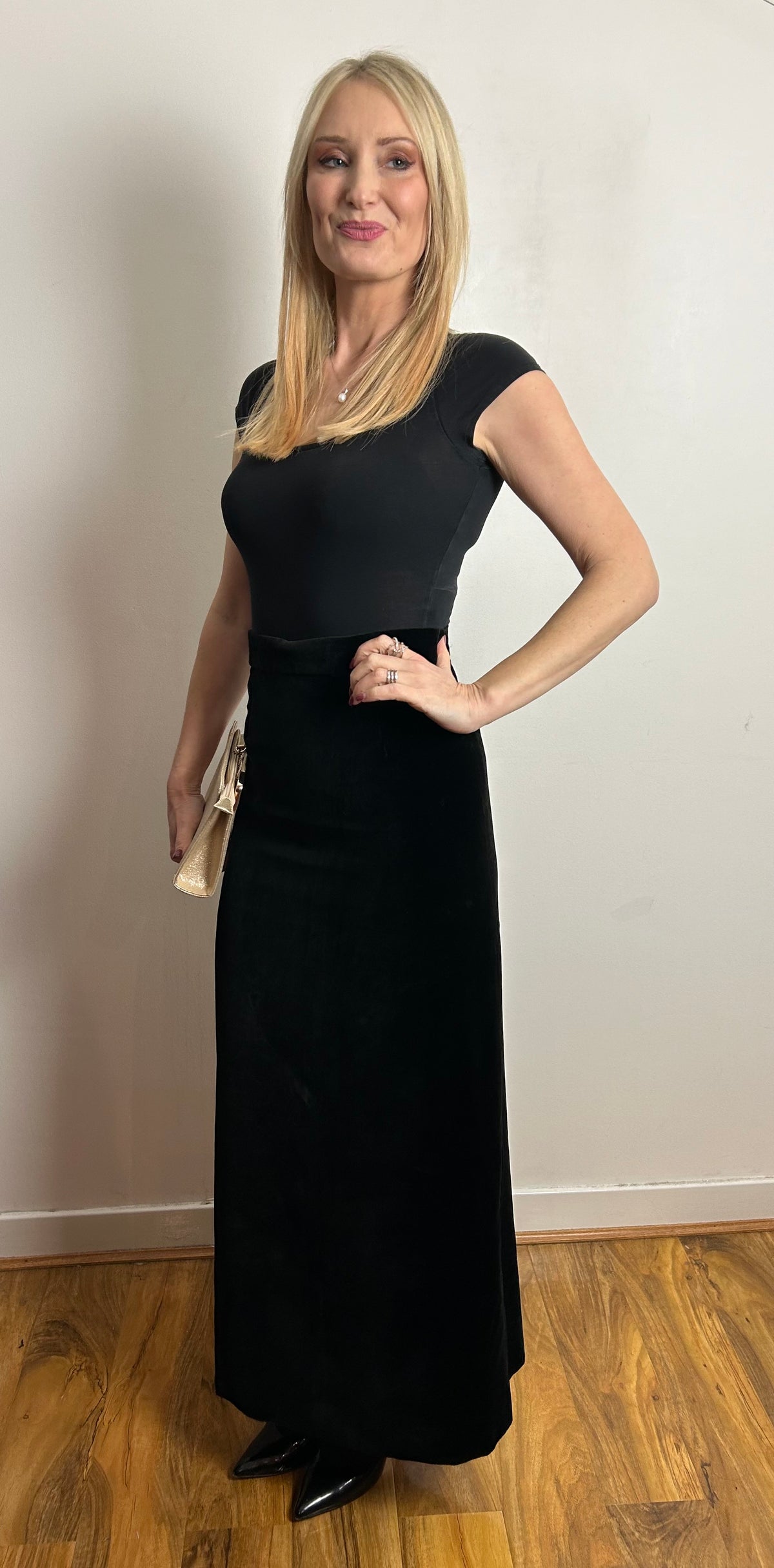 Vintage 1970s UK Size 8 Black Cotton Velvet Split Detail Column Style Maxi Skirt
