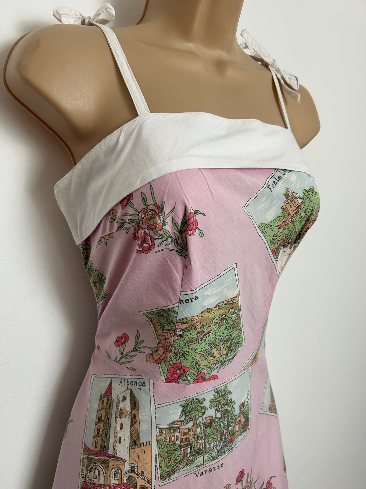 Vintage 1980s Size 8-10 Pink Italian Cities Postcard Print 50s Style Cotton Sun Dress