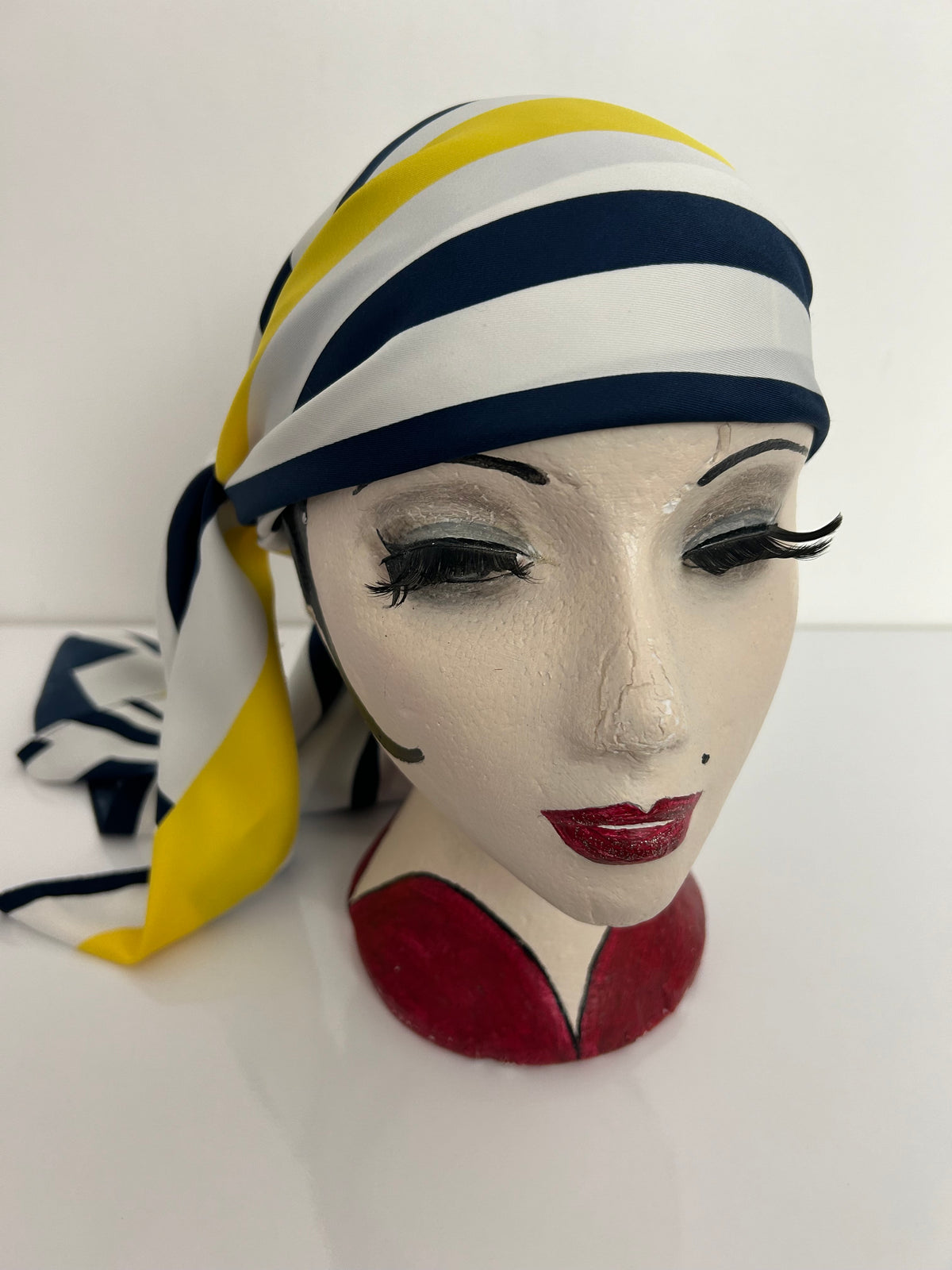 Vintage ROMANO White Navy Blue & Yellow Stripe Print Polyester Scarf 88cm x 92cm