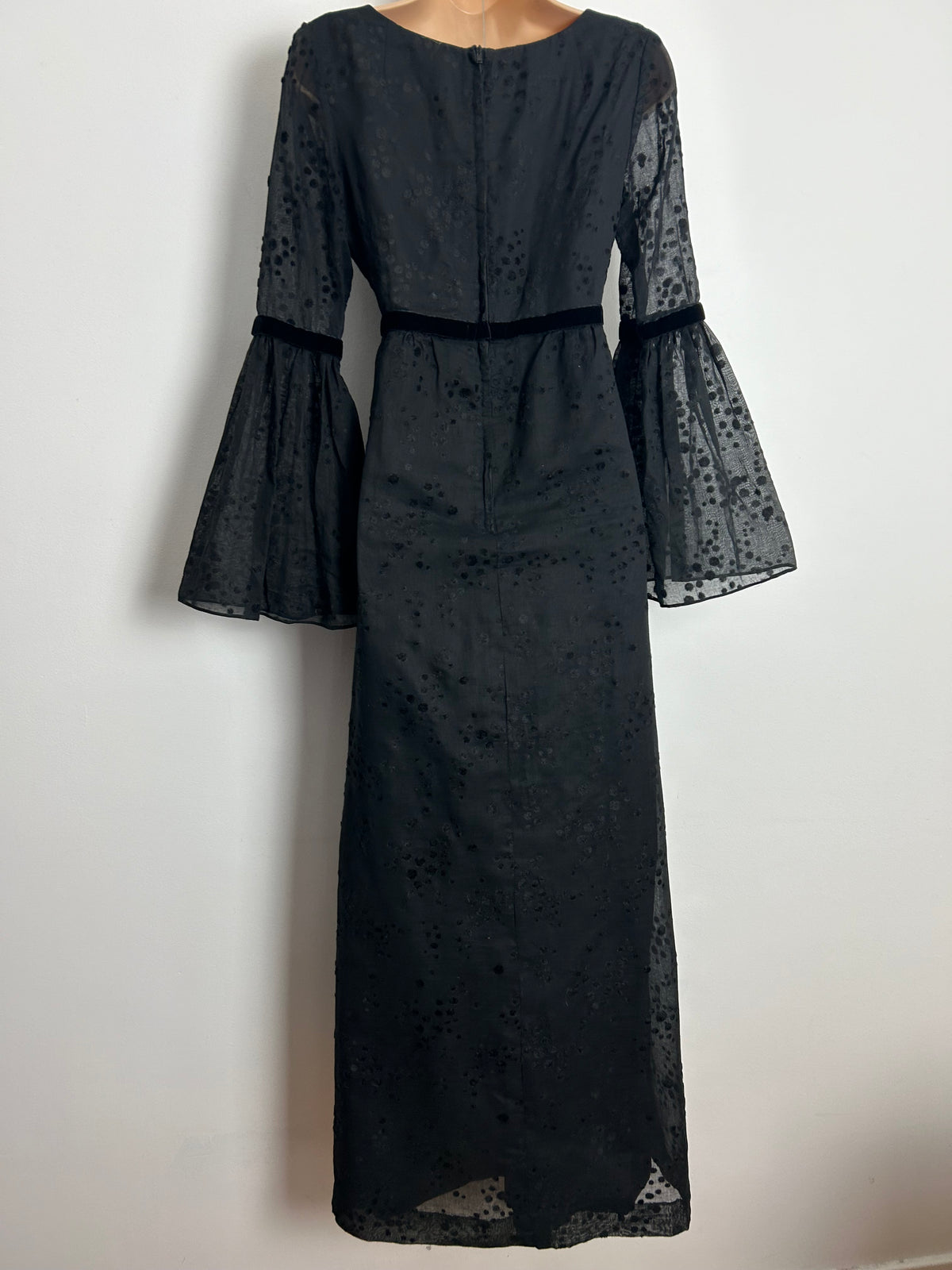 Vintage 1970s BERKERTEX UK Size 8 Black Cotton & Velvet Flock Flared Cuff Boho Maxi Dress