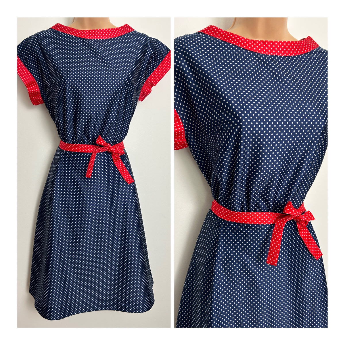 Vintage Late 1970s Size 10-12 Navy Blue & Red Contrast Polka Dot Print Belted Day Dress