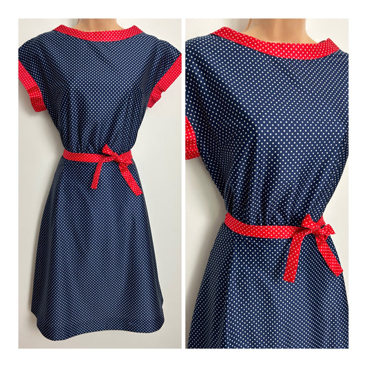 Vintage Late 1970s Size 10-12 Navy Blue & Red Contrast Polka Dot Print Belted Day Dress