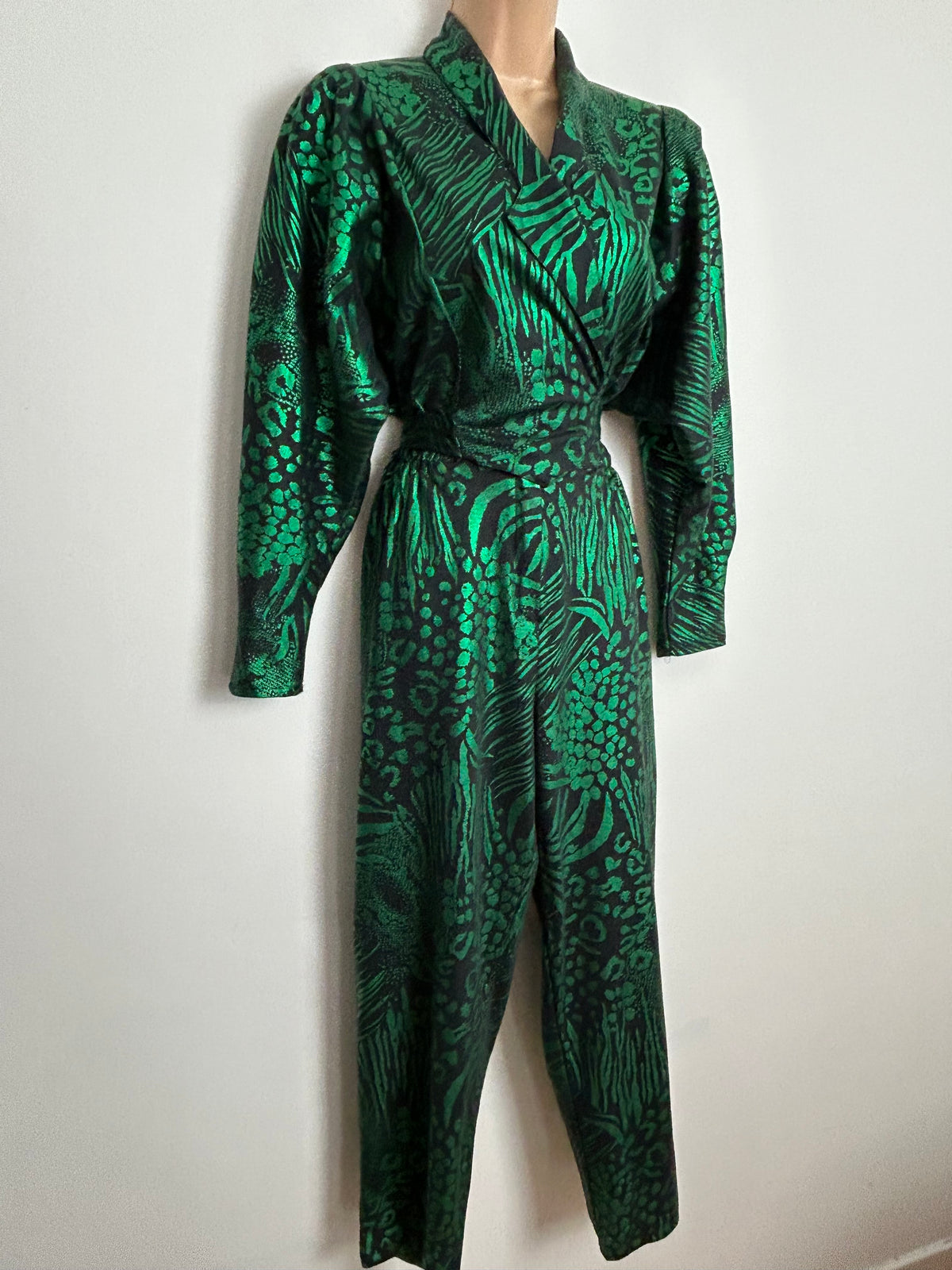 Vintage 1980s Approx UK Size 10-12 Black & Metallic Green Mixed Animal Print Long Sleeve Tie Back Tapered Leg Jumpsuit