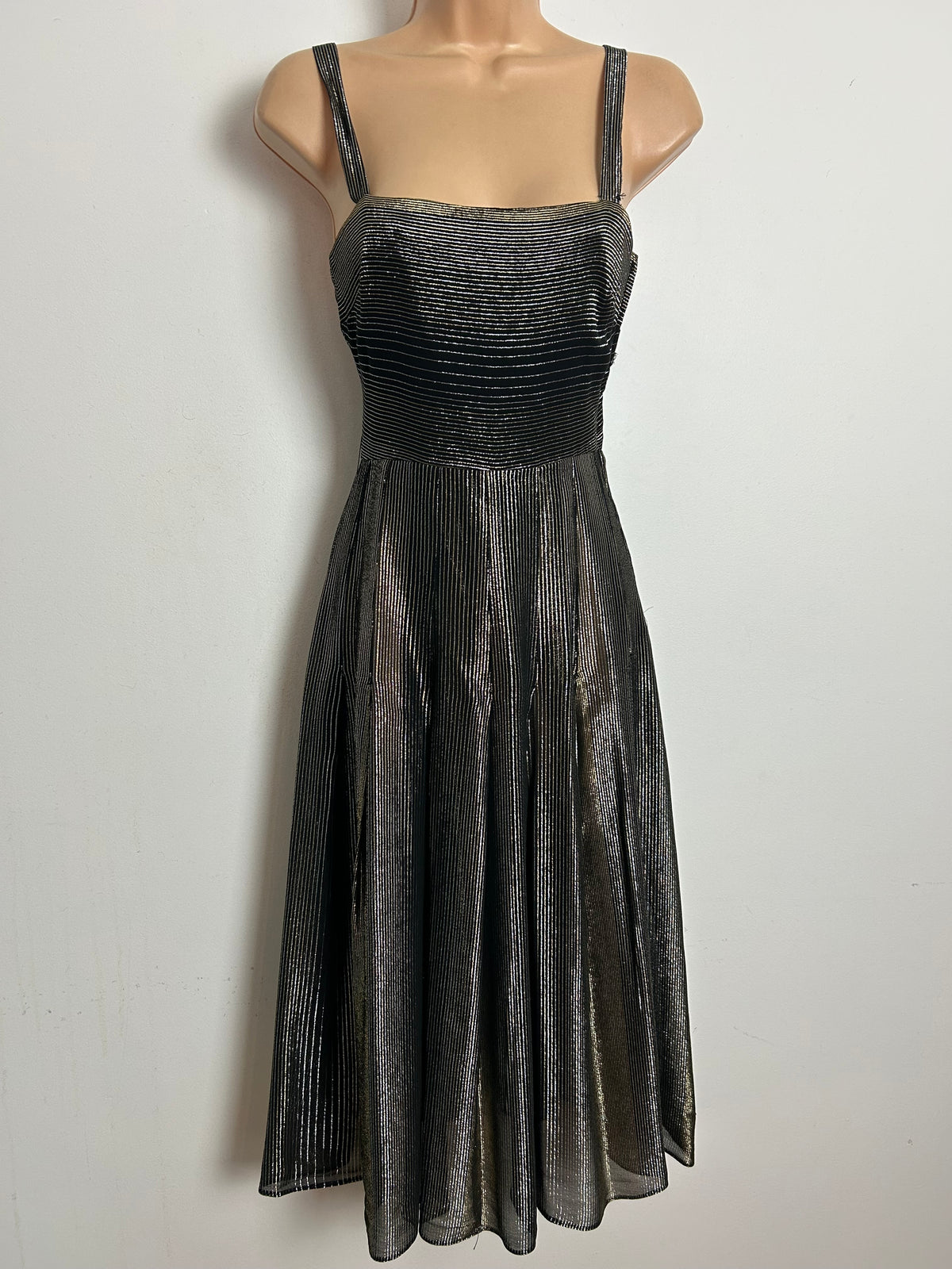Vintage RARE 1970s SUJON Size 6 Black Pinstripe Lurex Christmas Party Evening Dress