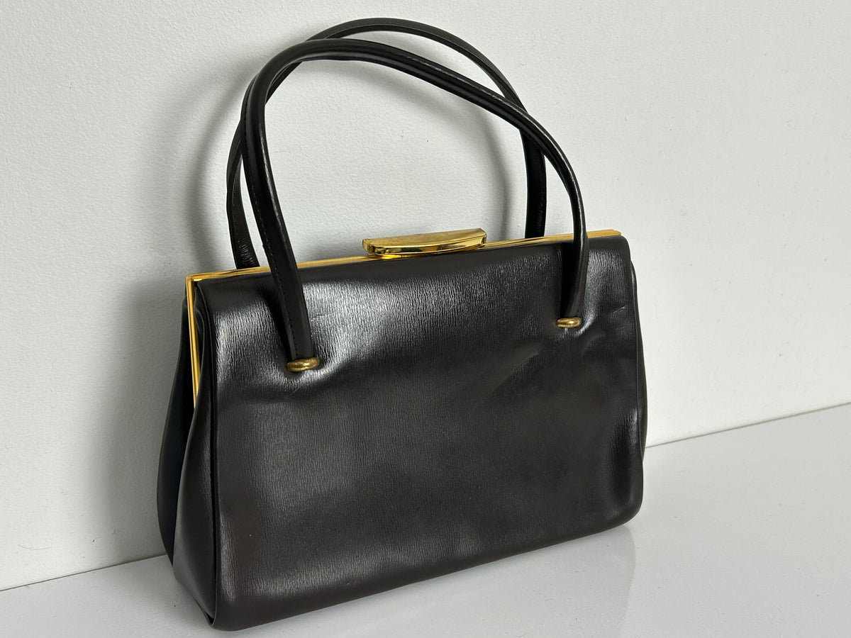 Vintage 1950s Matt Brown Leather Kelly Handbag With Gold Tone Frame