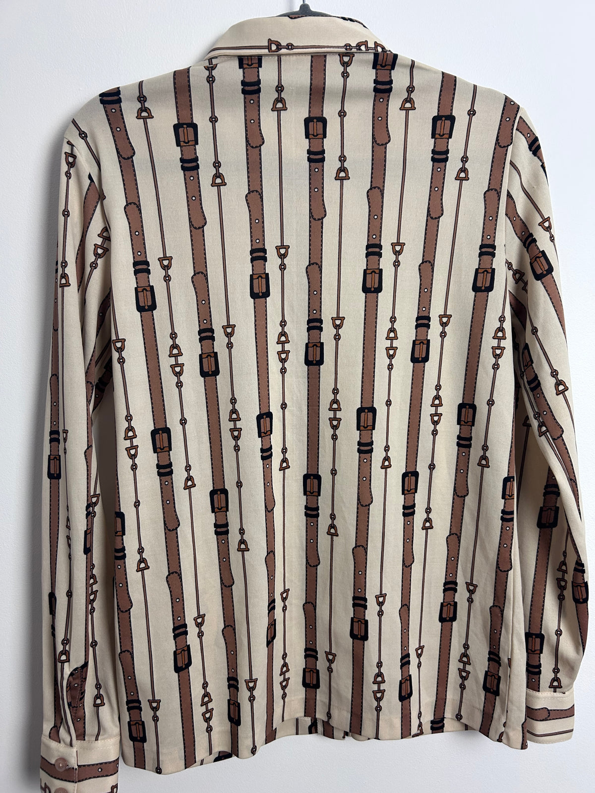 Vintage 1970s UK Size 8 Cream & Tan Brown Strap Belt & Stirrup Novelty Print Stripe Print Long Sleeve Shirt