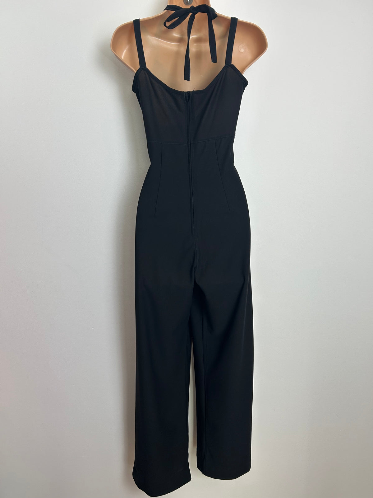 Vintage Late 1970s Size 8 Black Strappy Wide Straight Leg Jumpsuit