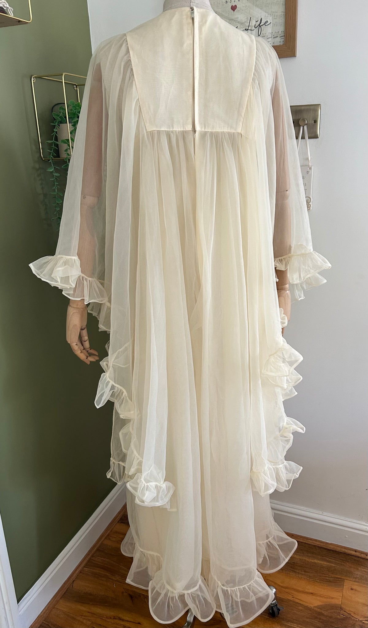 Vintage 1960s Size 10 Cream Nylon Double Layered Ruffle Trim Wide Floaty Sleeve Boho Maxi Dress
