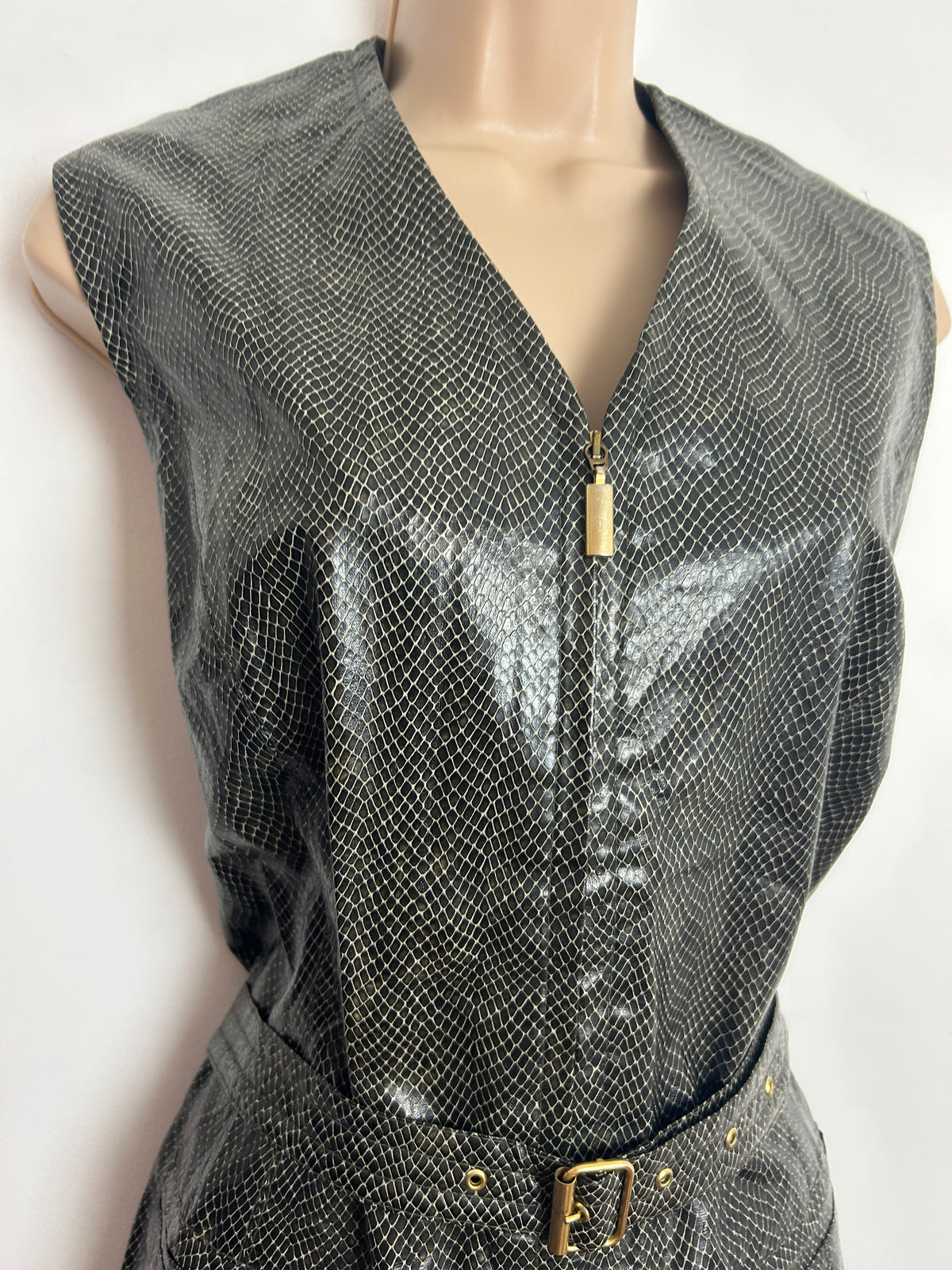 Vintage 1980s BETTY BARCLAY Size 12 Brown Faux Leather Reptile Skin Belted Zip Front Waistcoat Gilet Style Top