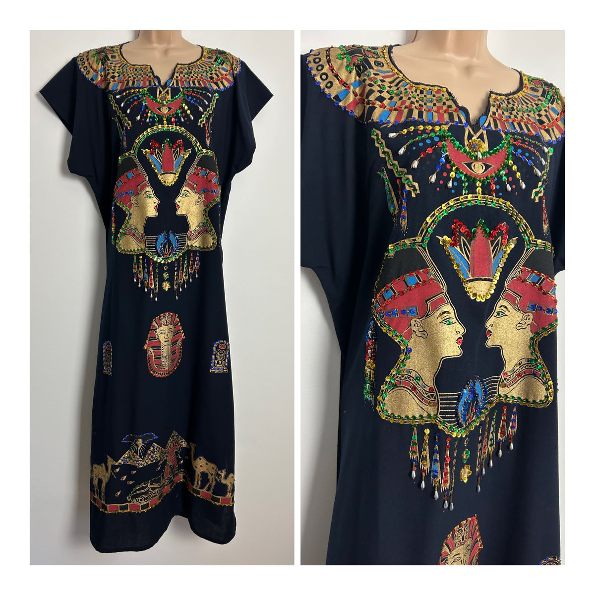 Vintage One Size Egyptian Themed Tourist Piece Beaded Sequin Sequin Bead Detail Maxi Length Kaftan