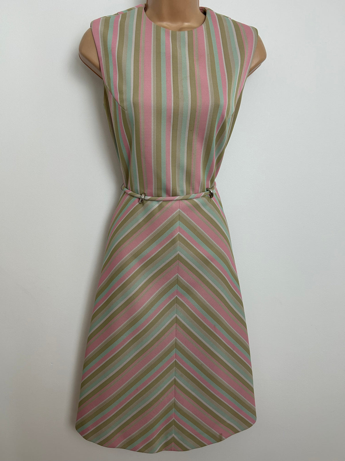 Vintage 1960s Size 10 Green Pink & Mint Stripe Print Belted Mod Day Dress