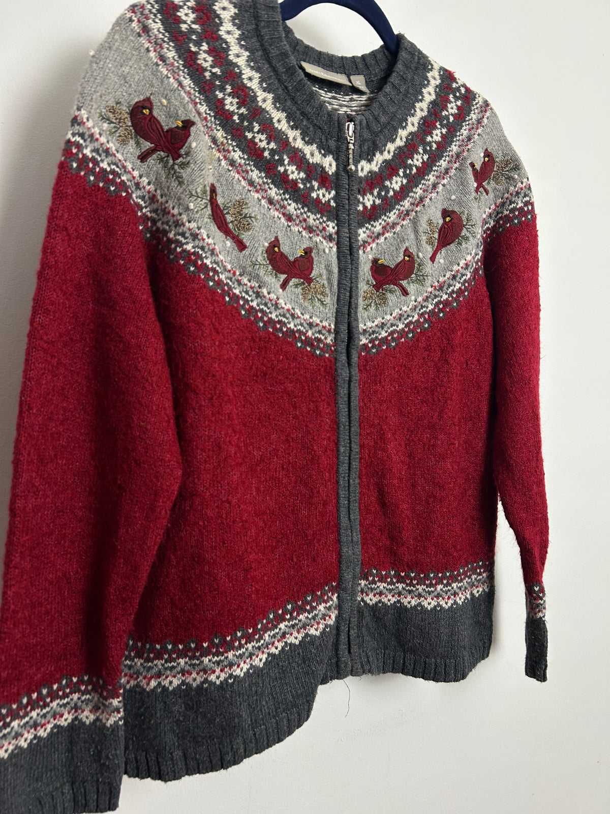 Vintage 1990s CROFT & BARROW Size 16-18 Red & Grey Cardinal Fair Isle Style Silk Mix Cardigan