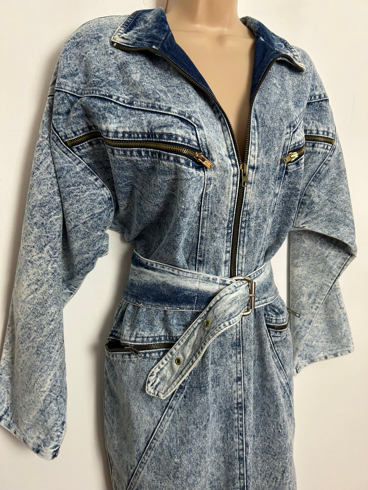 Vintage 1980s RARE ST DENIS UK Size 12 Acid Wash Blouson Style Zip Pocket Belted Deni Dress
