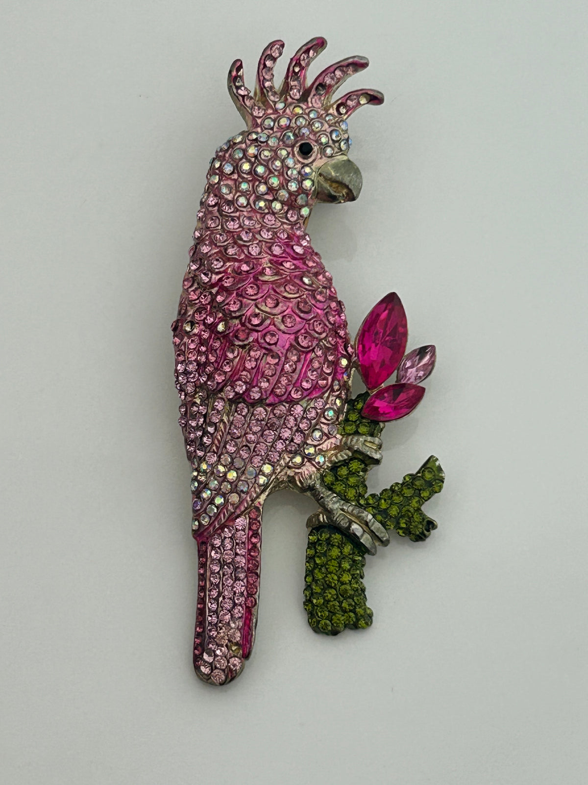 Vintage 1980s Large Pink Tones Diamante Rhinestone Set Parrot Brooch