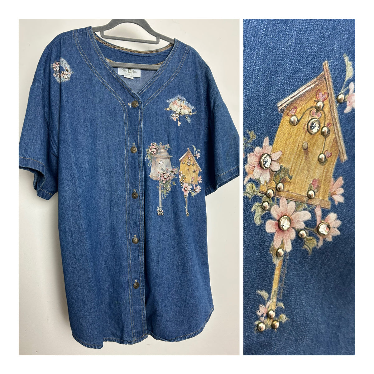 Vintage 1980s Size 16 Denim Collarless Shirt With Bird House & Bird Pattern With Studs