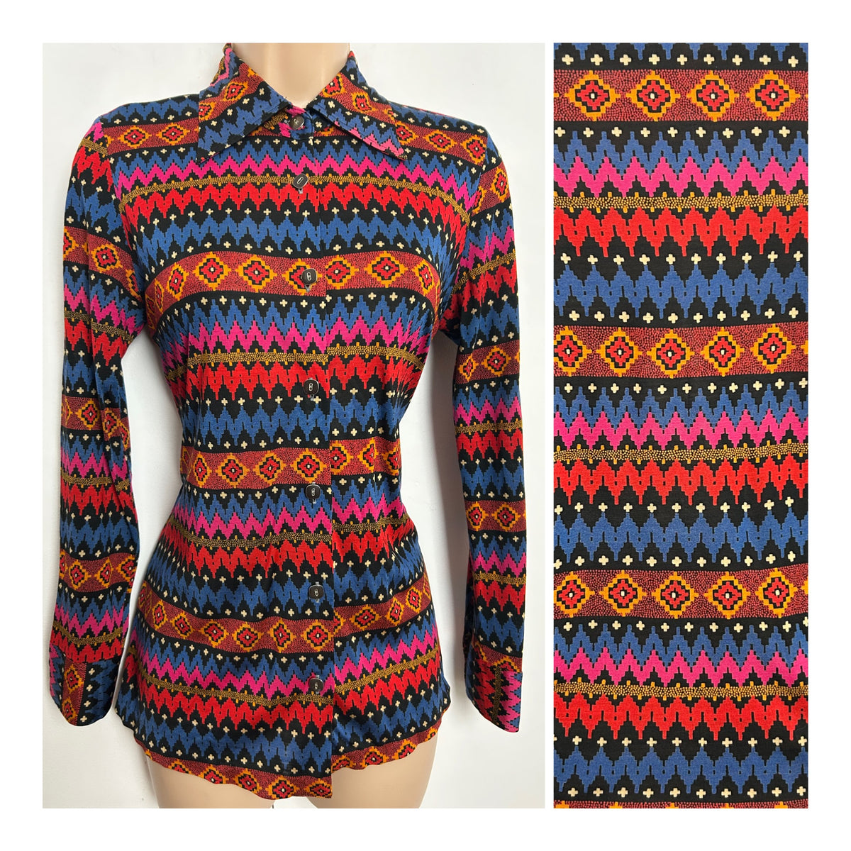 Vintage 1970s Size 8-10 Blue Red & Pink Abstract Print Long Sleeve Shirt