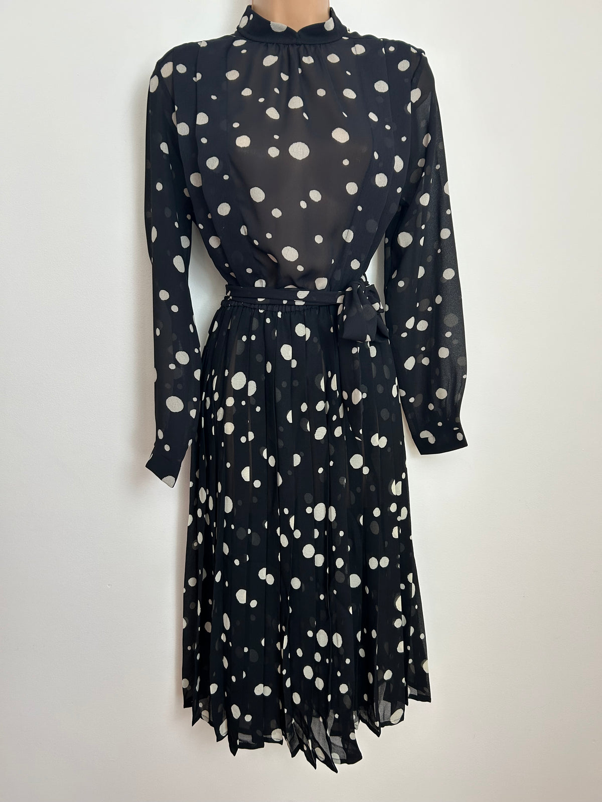 Vintage Early 1980s ST MICHAEL Size 12 Black & White Polka Dot Spot Print Belted Pleated Dress