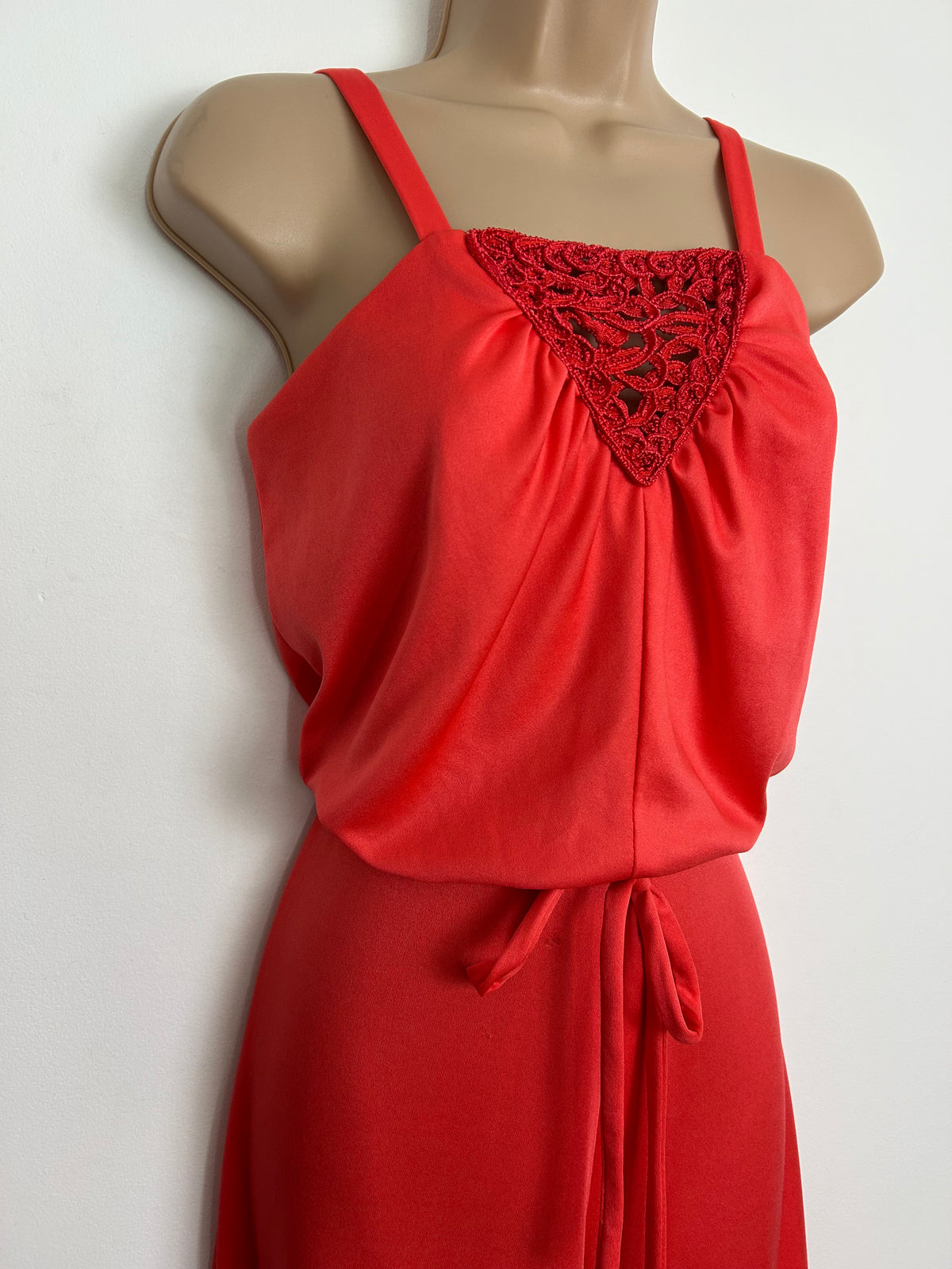 Vintage Late 1970s Size 6 Tangerine Orange Crochet Lace Panel Belted Wide Leg Jumpsuit