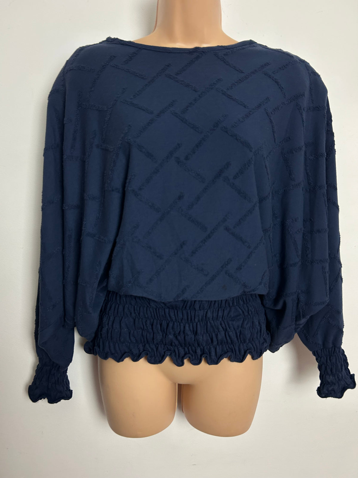 Vintage 1980s Size 16 Navy Blue Textured Cotton Bat Wing Shirred Waist Top