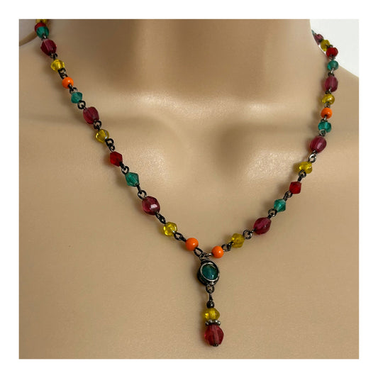 Vintage Multicolour Glass Stone Set Droplet Necklace