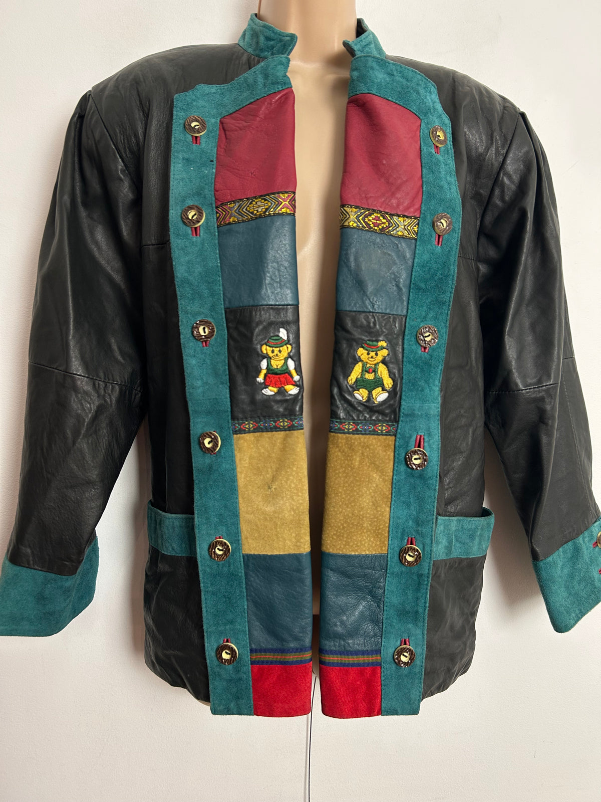 Vintage 1980s Up To Size 14 Black Teal & Red Supple Leather & Suede Open Fronted Austrian Leather Jacket