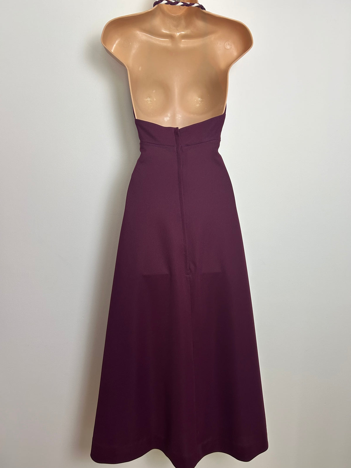 Vintage 1970s PEGGY PAGE Size 6-8 Plum Purple Plaited Strap Detail Maxi Dress