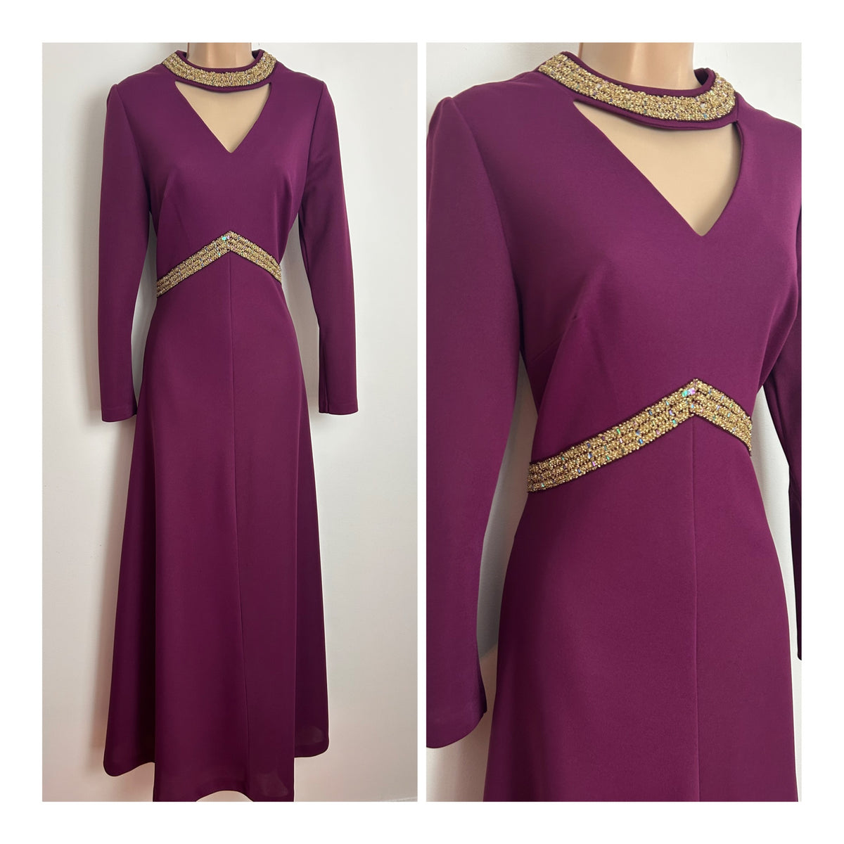 Vintage 1970s LEYGIL Size 8 Plum Purple Key Hole Choker Neck Gold Braid Trim Detail Occasion Maxi Dress
