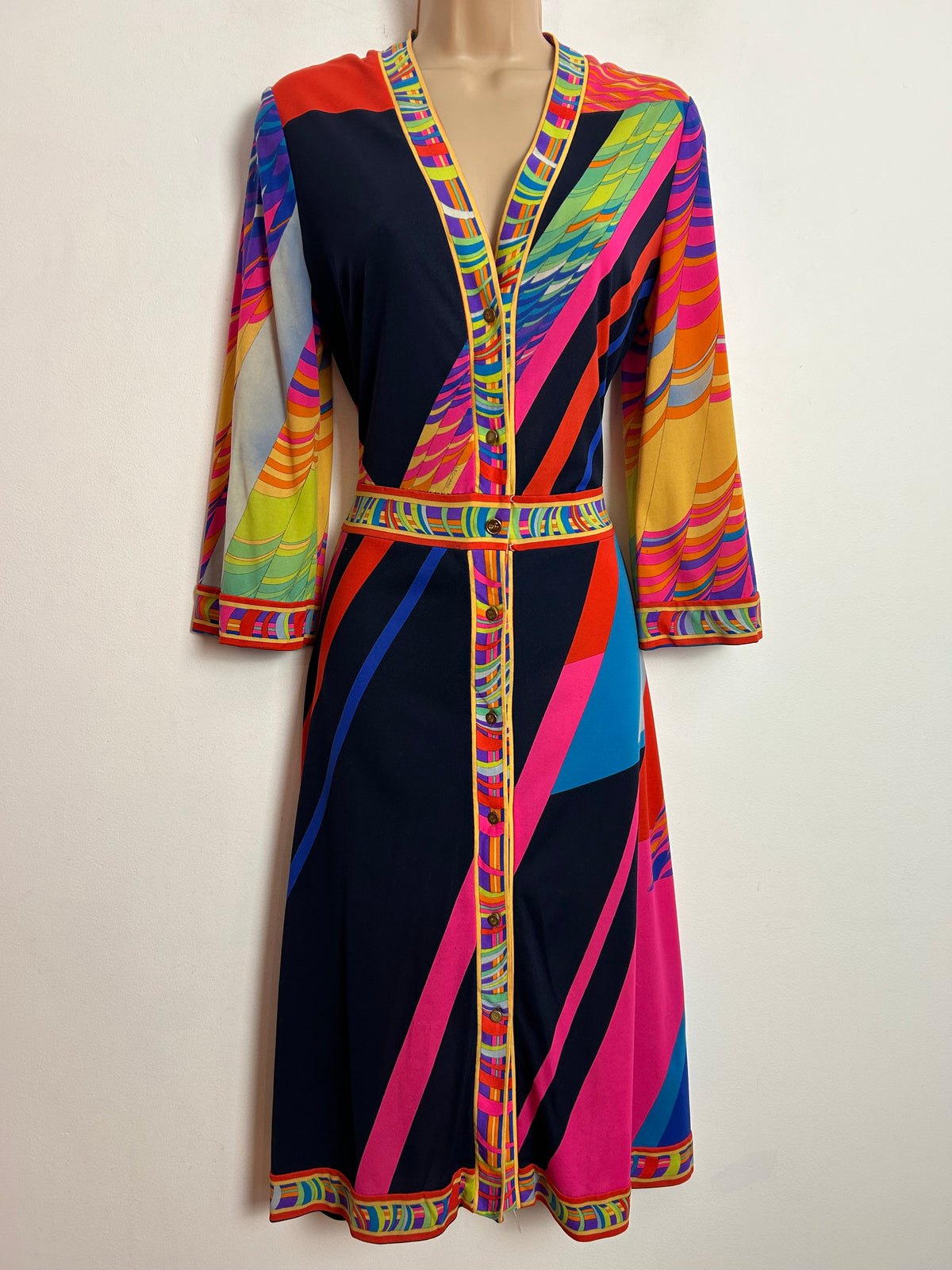 Vintage 1970s LEONARD PARIS UK Size 12 Stunning Vibrant Abstract Print Mikado Silk Jersey Designer Dress