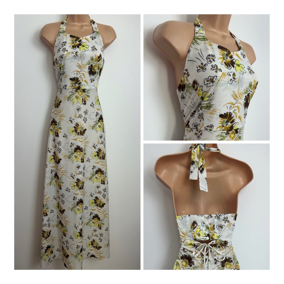 Vintage 1970s 10 White Brown & Yellow Floral Print Halter Neck Button & Lace Up Detail Maxi Dress