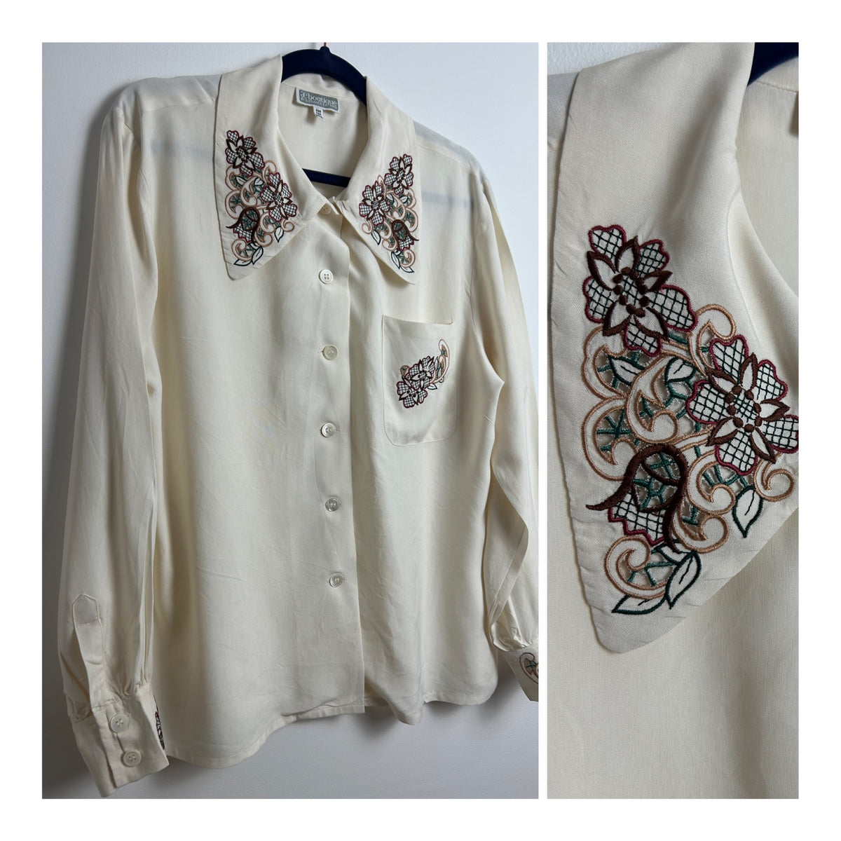 Vintage 1980s ELEGANCE PARIS Size 12 Cream 100% Silk Embroidered Detail Long Sleeve Blouse
