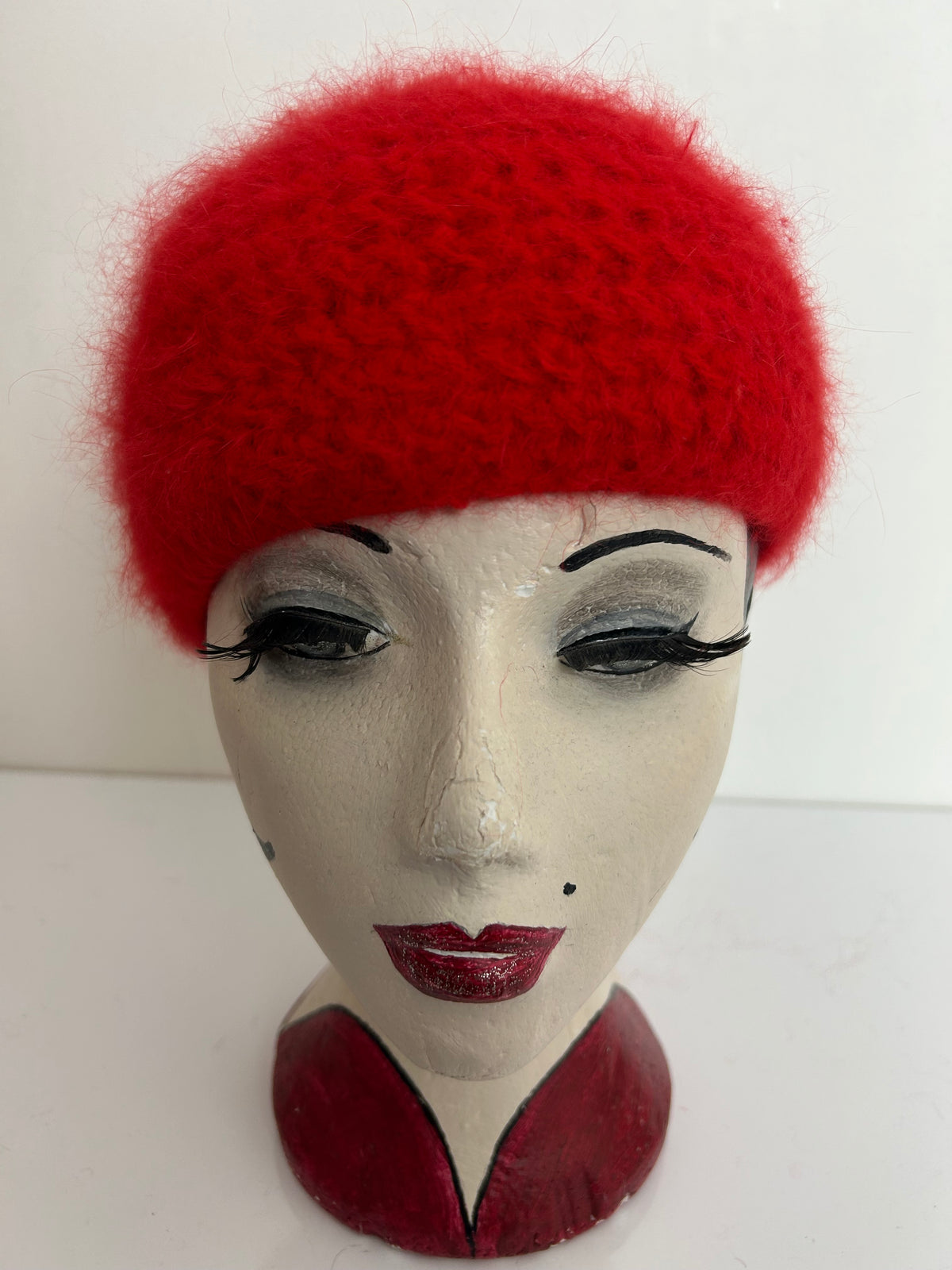 Vintage Red Wool & Angora Chunk Open Stitch Reversible Beanie Beret Style Hat
