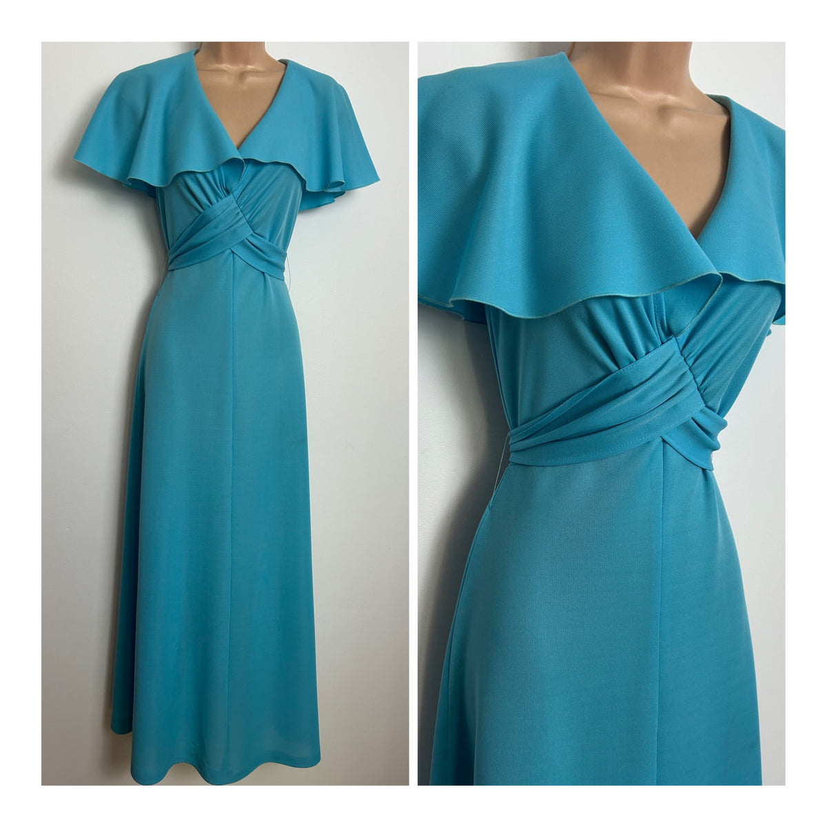 Vintage 1970s Size 8 Pale Turquoise Blue Shawl Collar Cross Over Tie Back Maxi Dress