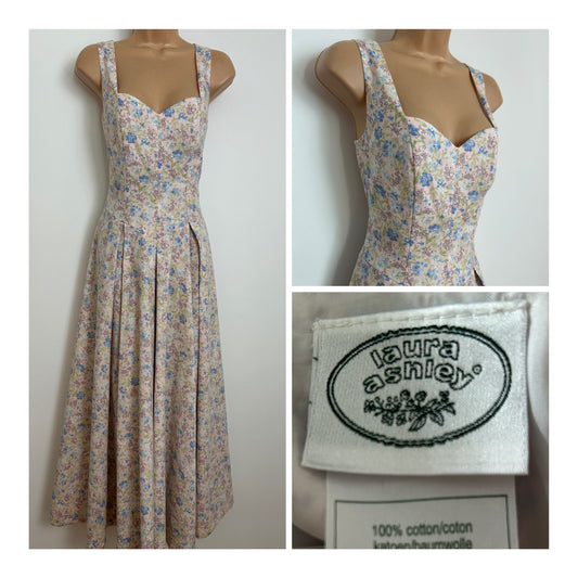 Vintage Late 1980s LAURA ASHLEY Size 8 (12 On Label) Nude Pink & Blue Floral Cotton Pleated Maxi Dress