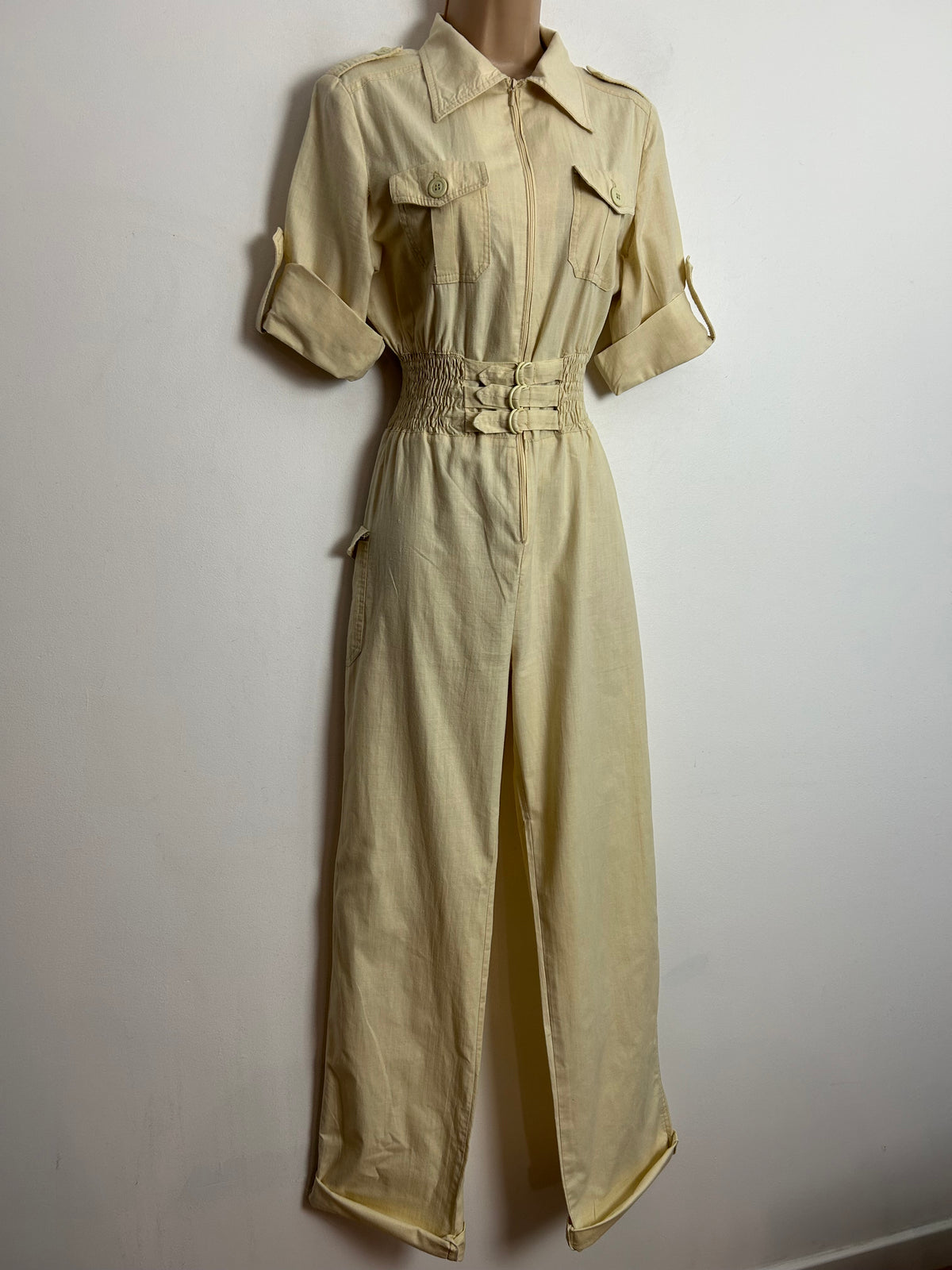 Vintage Early 1980s UK Size 10 C&A Cream Cotton Shirt Style Shirred Waist Jumpsuit