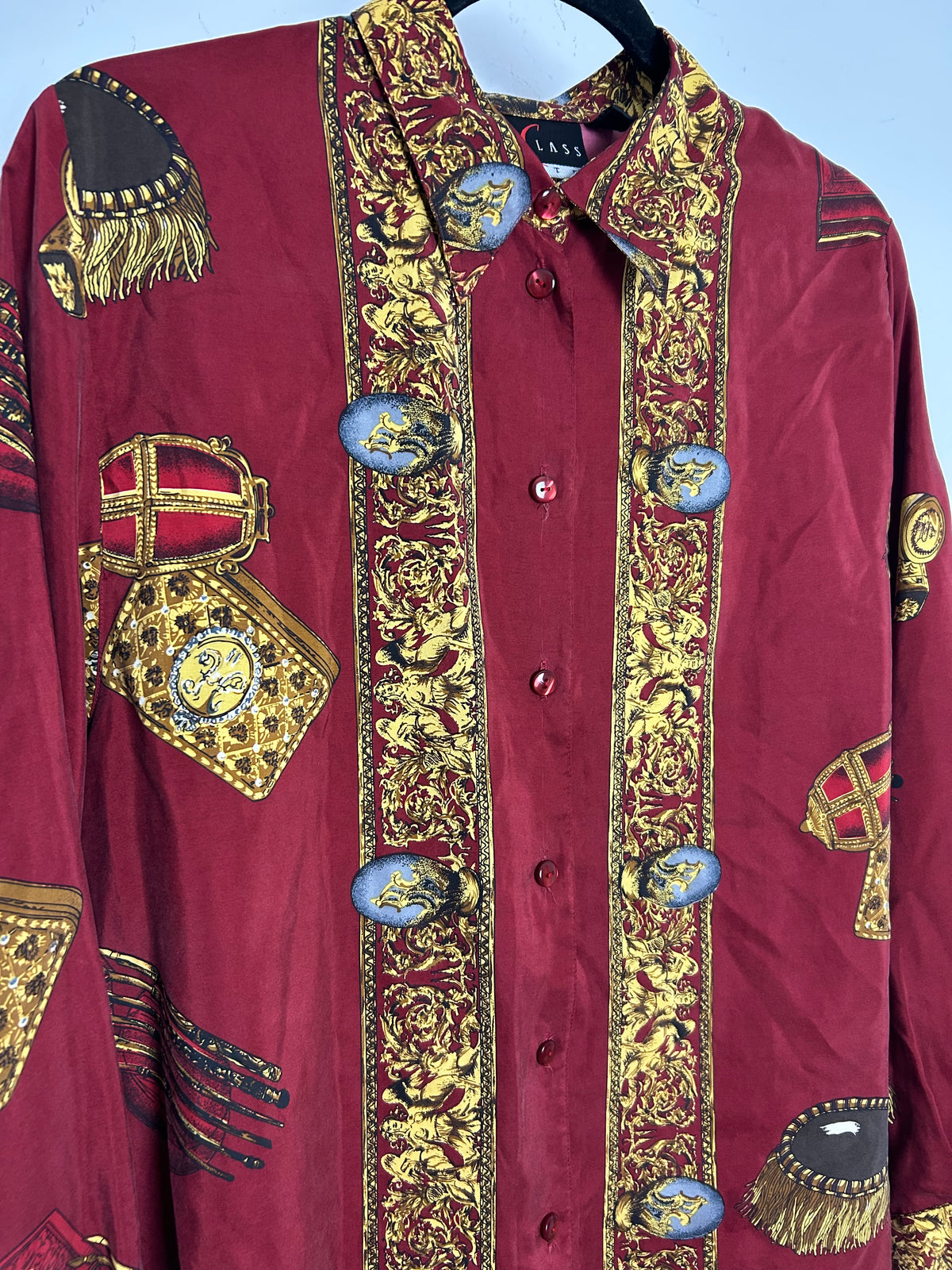 Vintage 1980s INTERCHIC Size 14-16 Maroon Baroque Print 100% Silk Shirt