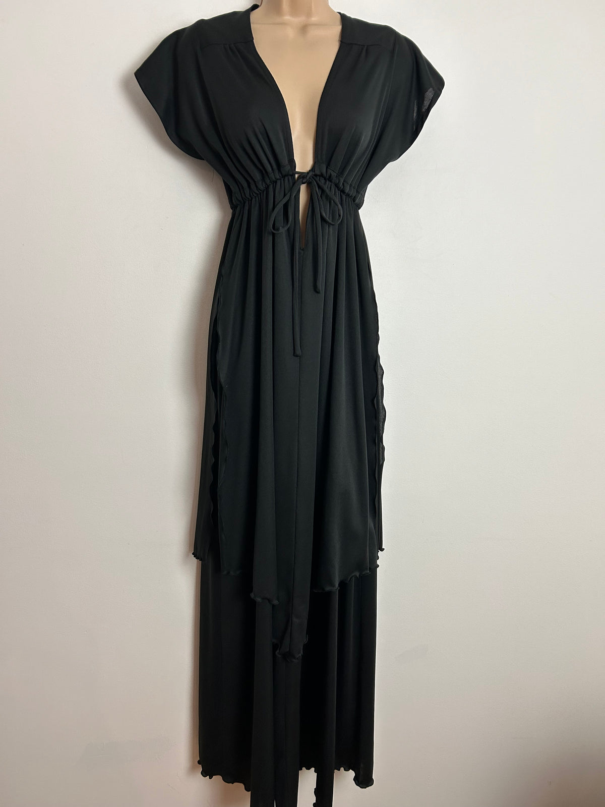 Vintage 1970s UK Size 8-10 Black Plunge V-Neck Draw Tie Waist Layered Maxi Dress