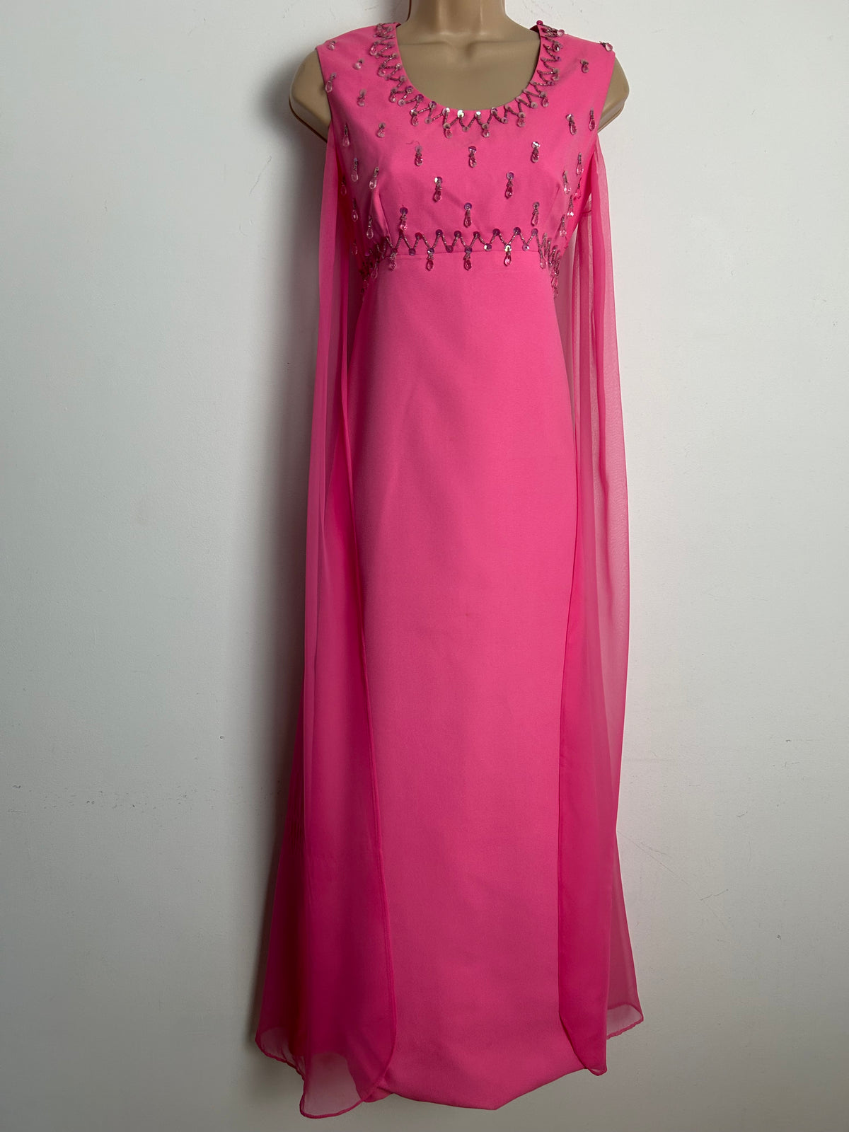 Vintage 1960s Size 8-10 Candy Pink Sequin & Droplet Bead Embellished Cape Layer Occasion Maxi Dress