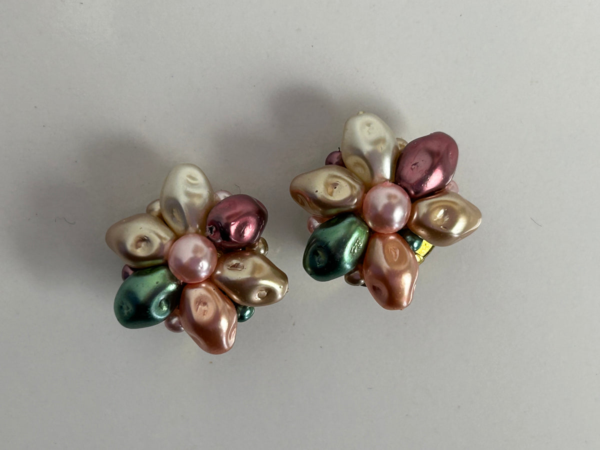 Vintage 1960s Cute Little Pastel Colour Beaded Flower Clip On Earrings