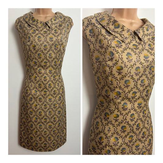 Vintage 1960s Size 10-12 Beige Blue & Yellow Floral Print Mini Mod Shift Dress