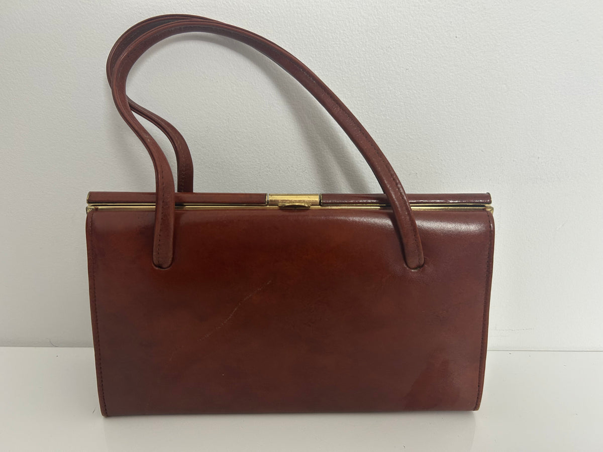 Vintage Early 1960s JONELLE Small Chestnut Brown Real Leather Kelly Style Handbag