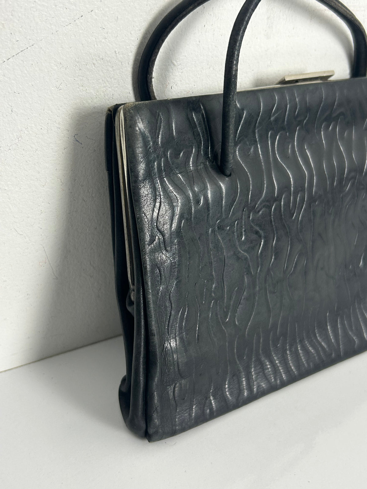 Vintage Early 1950s Small Black Embossed Kelly Style Handbag