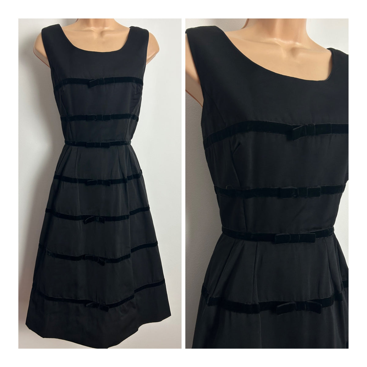 Vintage Late 1950s Early 1960s Size 8 Black Gaberdine Velvet Trim Bow Detail Occasion Dress
