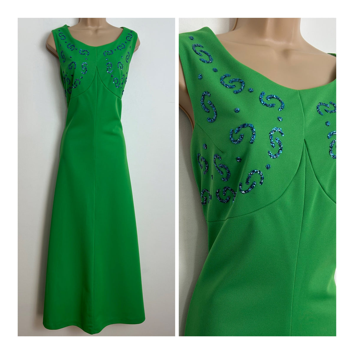 Vintage 1970s GO TO TOWN Size 12 Green Glittery Micro Sequin Embellishment Occasion Evening Maxi Dress