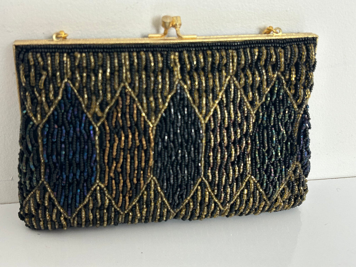 Vintage 1960s Handmade In Hong Kong Small Beaded Evening Bag With Snake Chain Handle