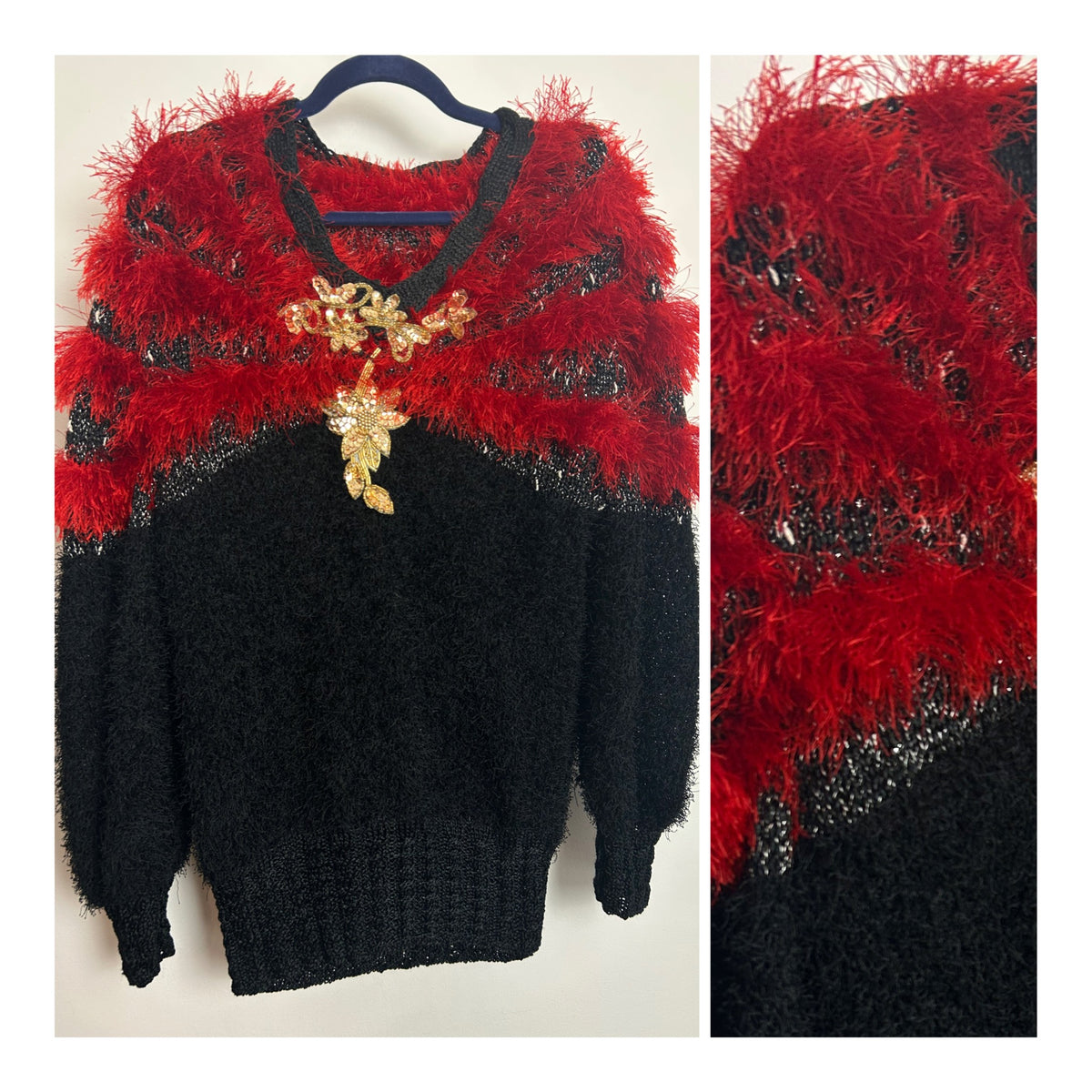 Vintage 1980s Size 10 Red & Black Sequin Applique Detail Fuzzy Fluffy Extreme Jumper