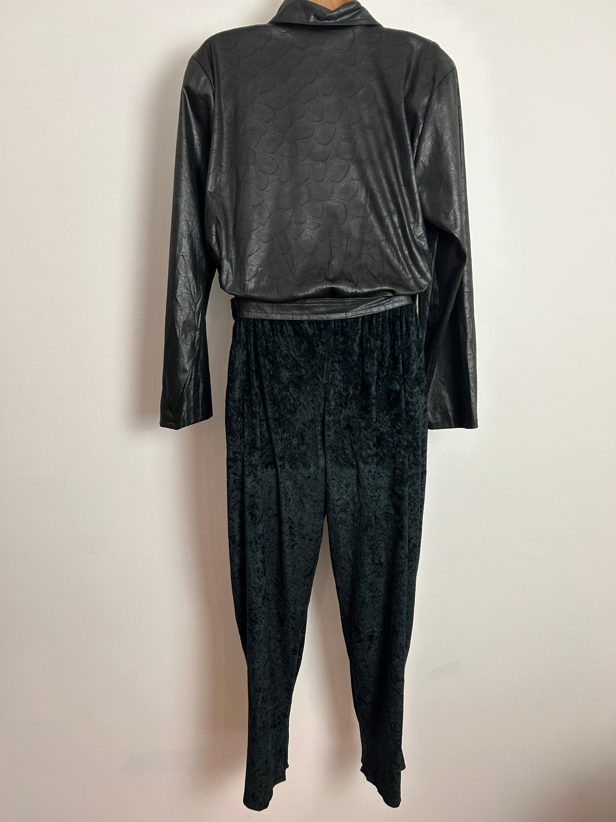 Vintage Extreme 1980's Size 14 Black Wet Look & Velour Gold Braid Trim Long Sleeve Side Buckle Fastenings Jumpsuit