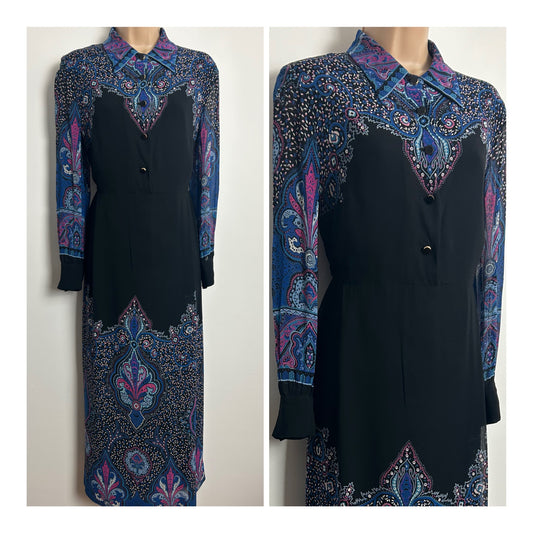 Vintage 1970s Size 12-14 Black Blue  Pink Scarf Print Long Sleeve Maxi Dress